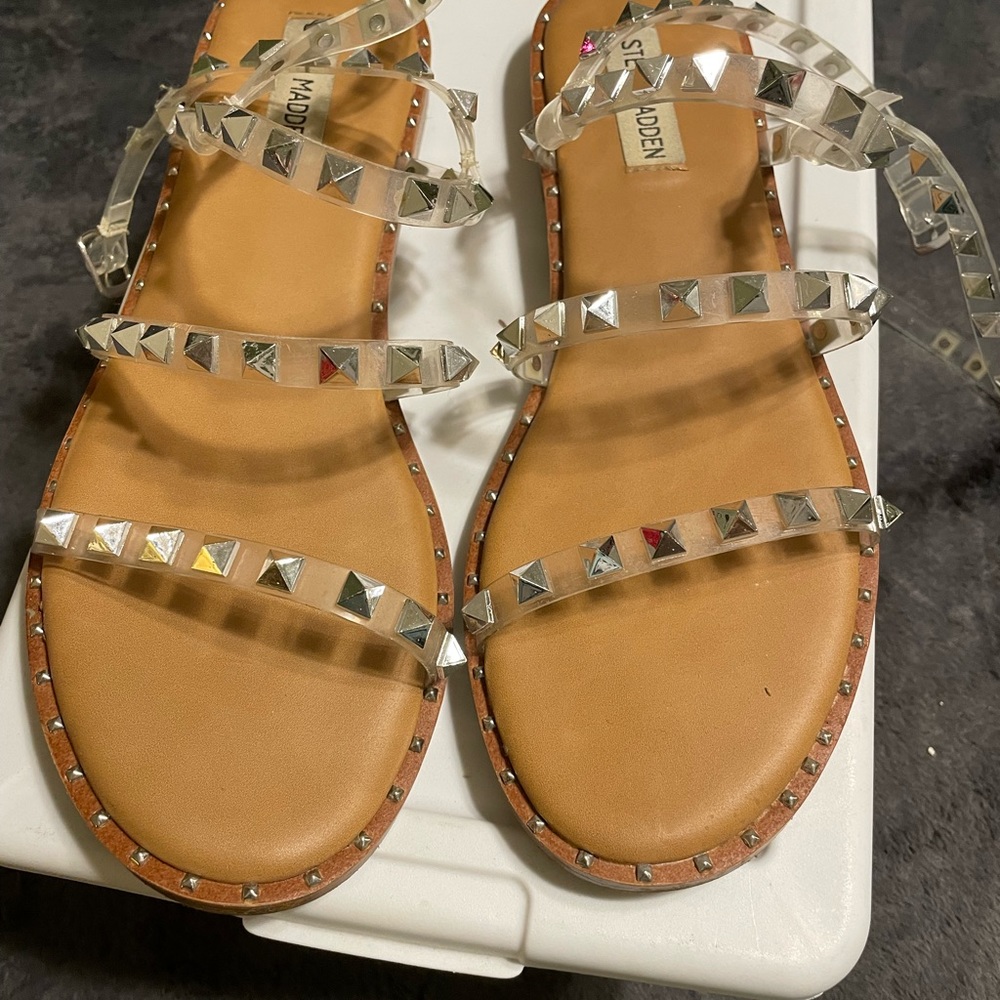 Steve Madden Sandals, strappy skyler clear and silver, Size 9, worn ONCE.